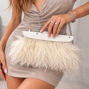 Y2K Feather Clutch Party Bag White BCBG Max Azria Ostrich Feather Evening Purse